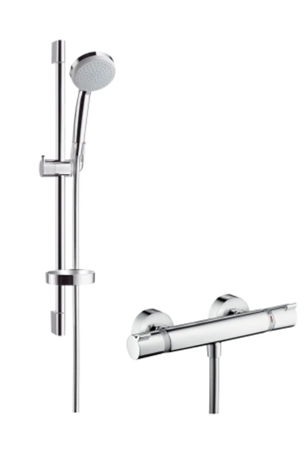 Brausesystem von Hansgrohe mit Regenbrause und Thermostatblock. Das System ist in Chromoptik gehalten und umfasst eine handgeführte Brause sowie eine Brausestange.